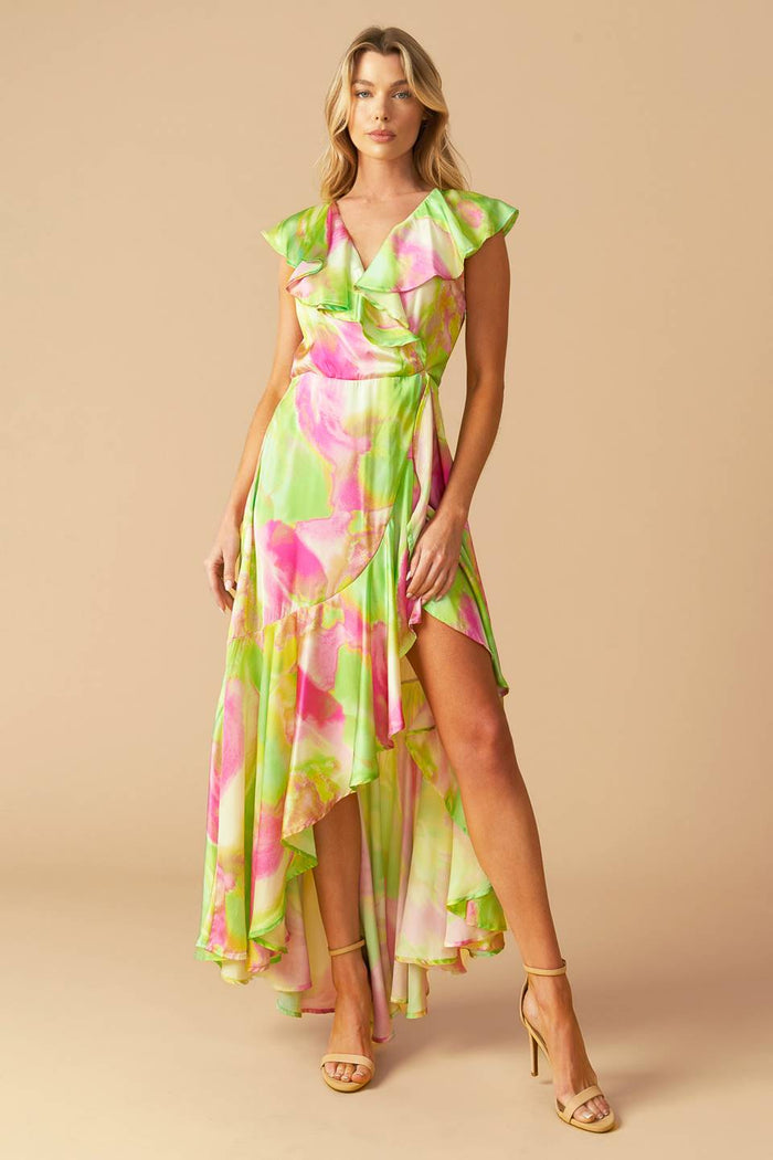 Vestido maxi estampado lima/rosa