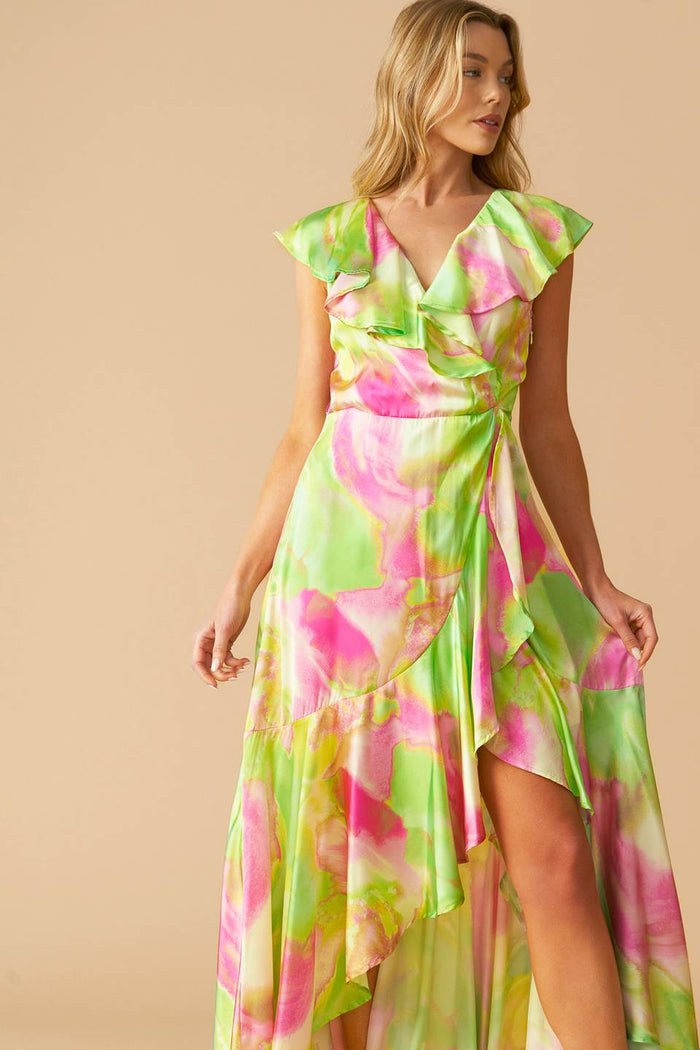 Vestido maxi estampado lima/rosa