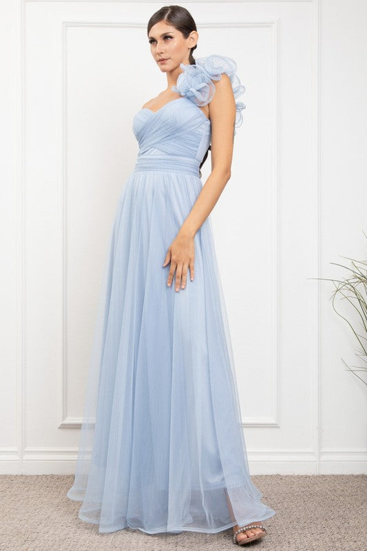 Vestido maxi un hombro ruffled Cielo