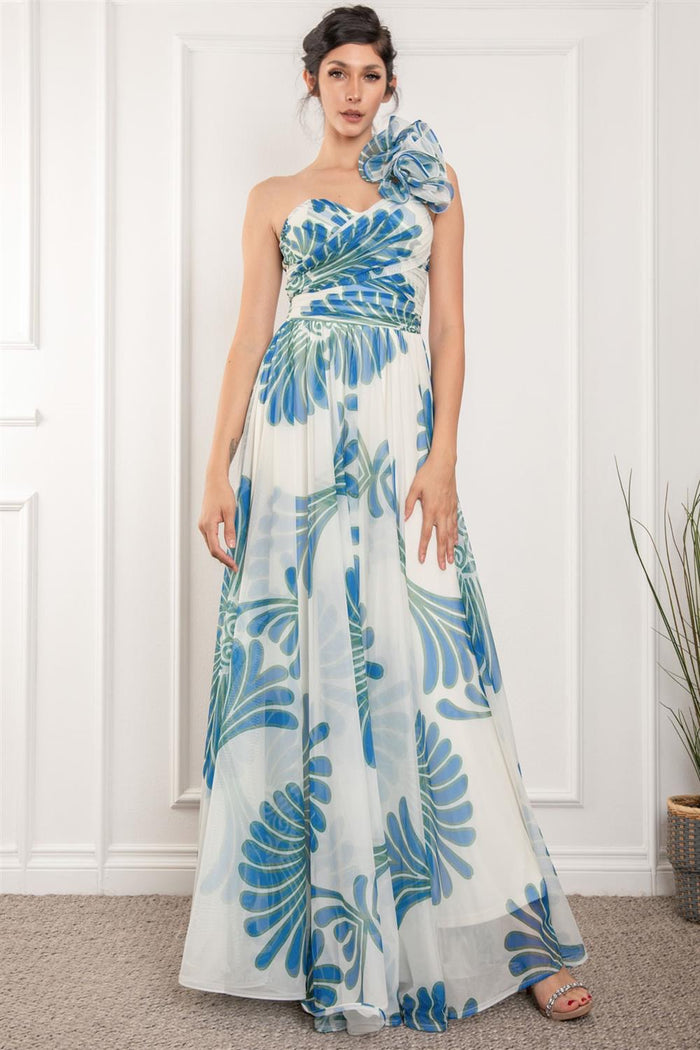 Vestido maxi un hombro ruffle azul y blanco