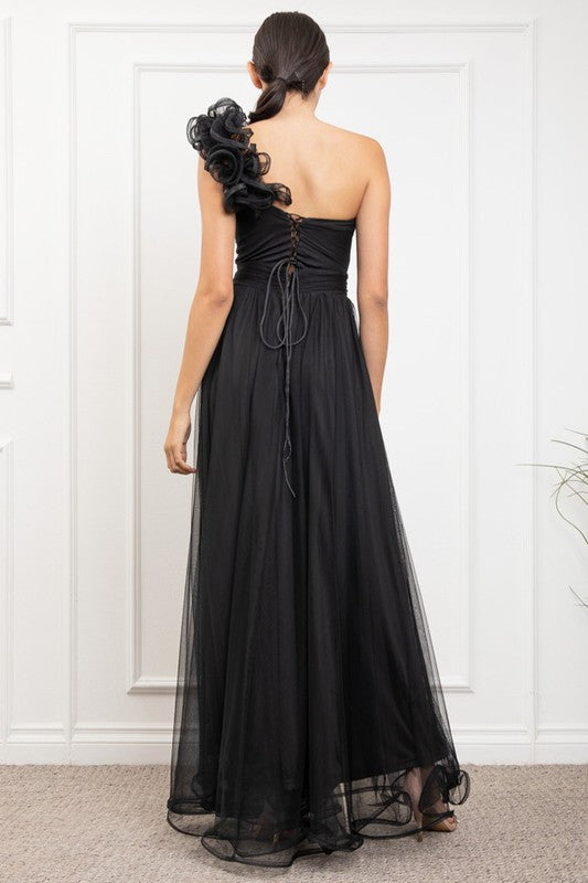 Vestido maxi un hombro ruffled Negro