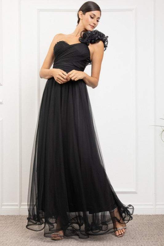 Vestido maxi un hombro ruffled Negro