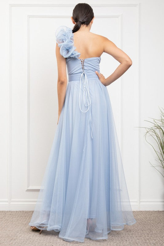 Vestido maxi un hombro ruffled Cielo