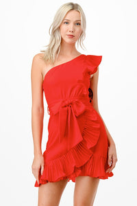 Vestido corto un hombro ruffled tomato