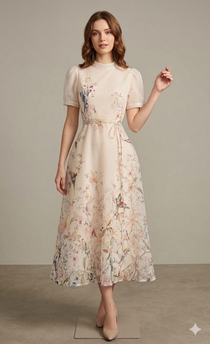 Vestido midi flower belt beige