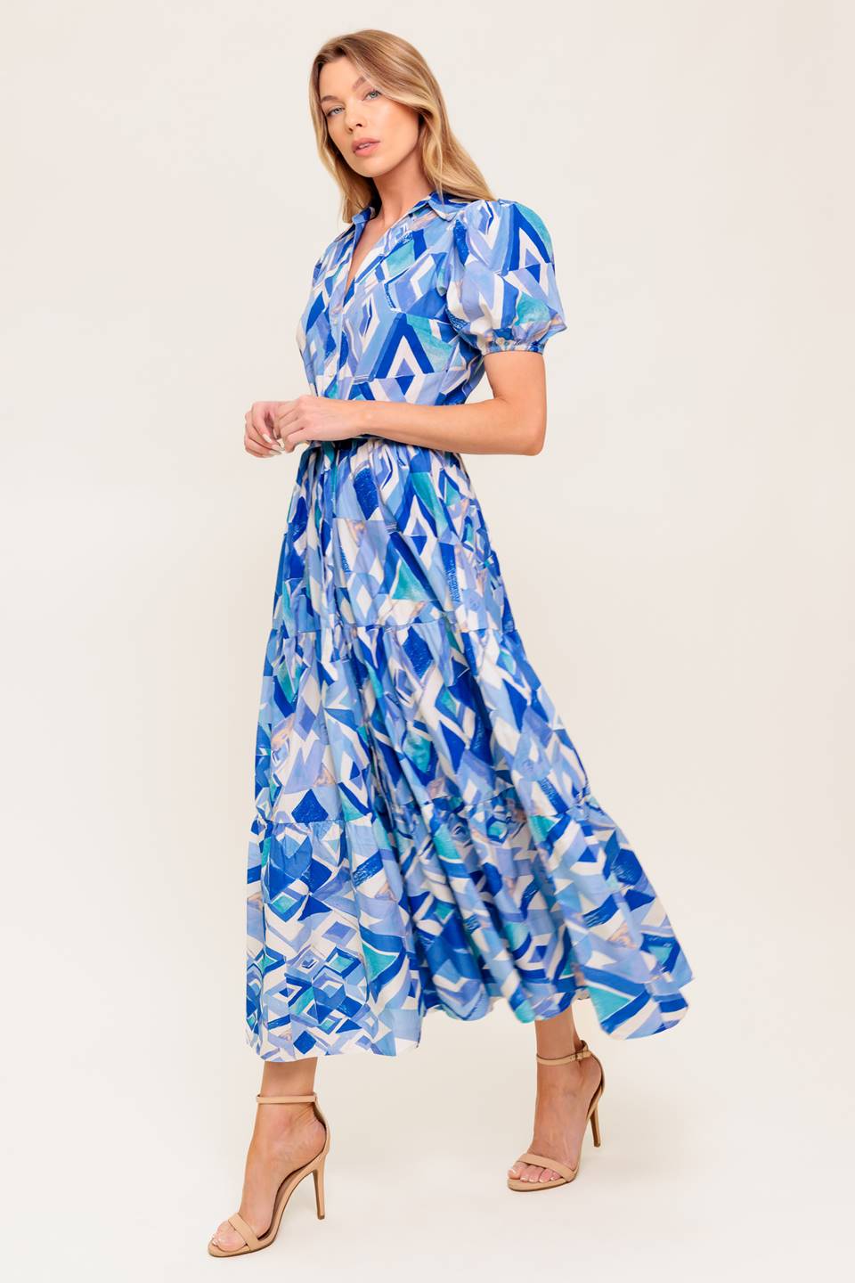 Vestido midi estampado botones azul 100% algodón