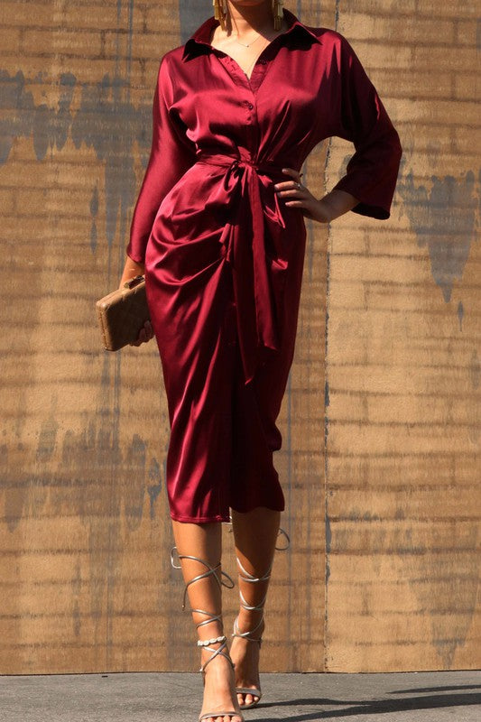 Vestido midi botones al frente Burgundy