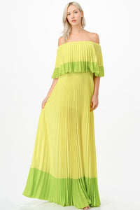 Vestido maxi plisado color block limón