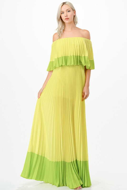 Vestido maxi plisado color block limón