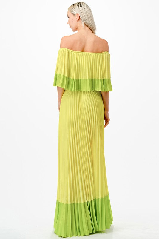Vestido maxi plisado color block limón