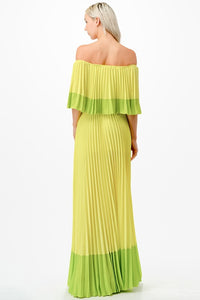 Vestido maxi plisado color block limón