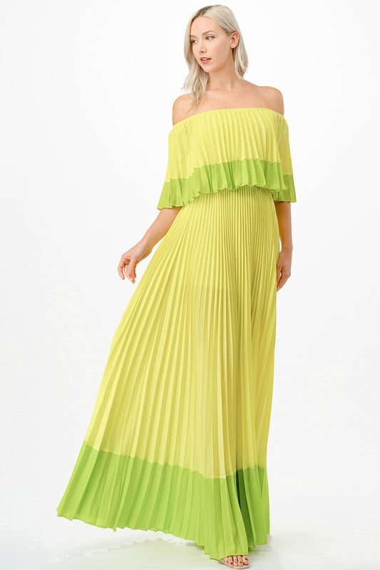 Vestido maxi plisado color block limón