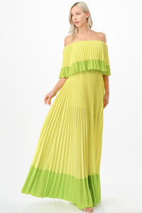 Vestido maxi plisado color block limón