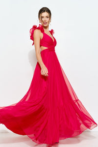 Vestido maxi rojo con cut out y tirantes organza