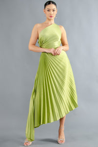 Vestido midi plisado un hombro Verde manzana