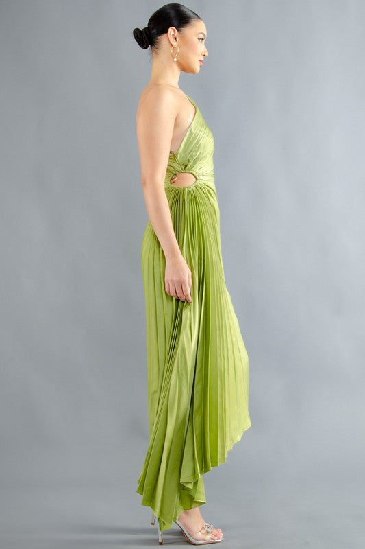 Vestido midi plisado un hombro Verde manzana