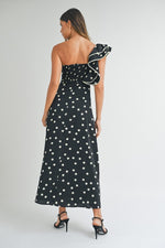 Vestido polka dot negro un hombro