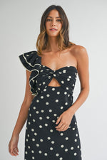 Vestido polka dot negro un hombro