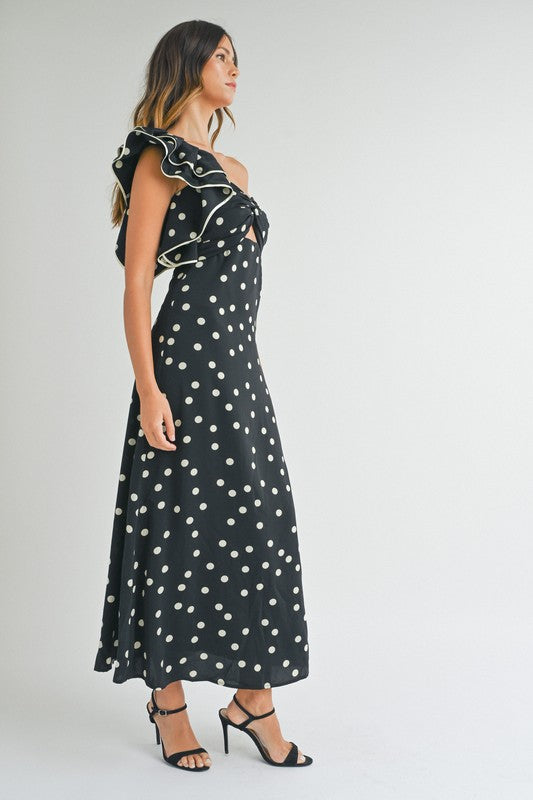 Vestido polka dot negro un hombro