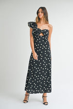 Vestido polka dot negro un hombro