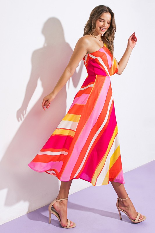 Vestido un hombro franjas diagonal