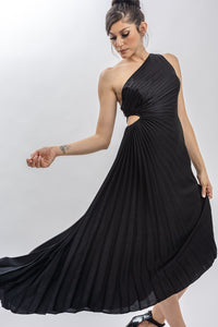 Vestido negro asimétrico un hombro plisado