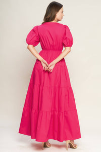 Vestido maxi algodón escote en V con moño Fuchsia