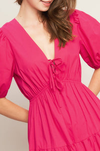 Vestido maxi algodón escote en V con moño Fuchsia