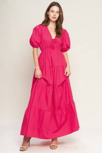 Vestido maxi algodón escote en V con moño Fuchsia