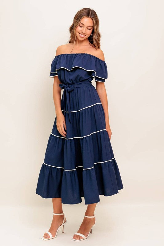 Vestido off shoulder azul