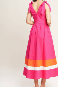 Vestido midi fucsia con bloques de color 100% algodón