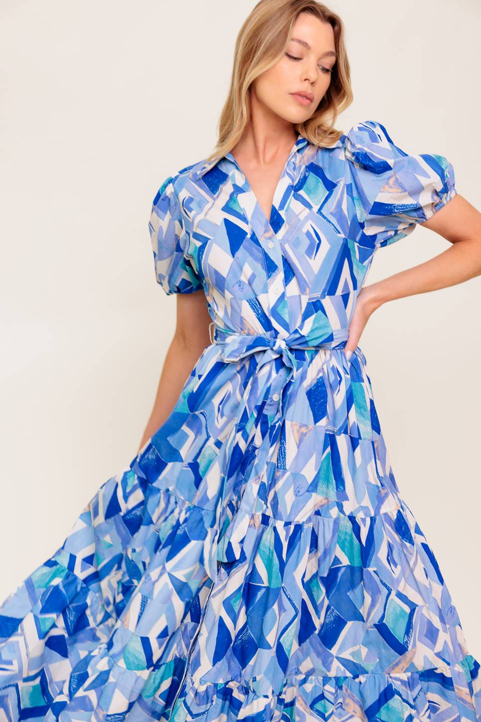 Vestido midi estampado botones azul 100% algodón