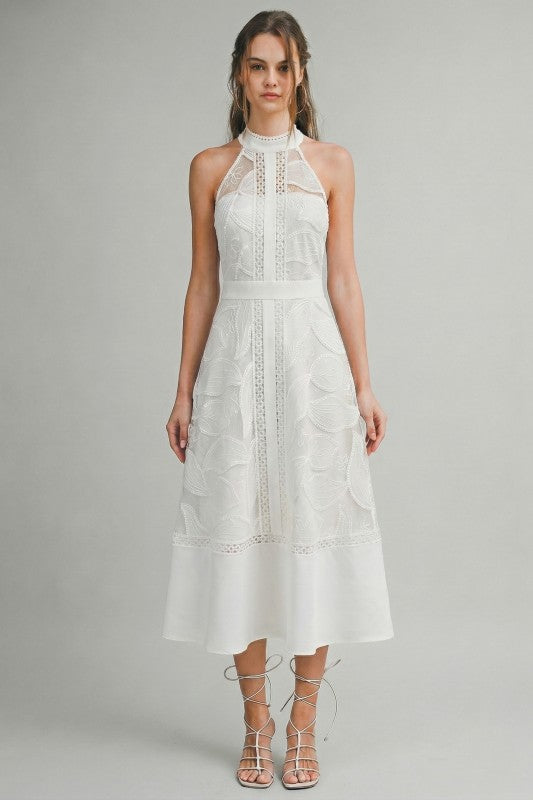 Vestido midi de encaje cuello alto blanco