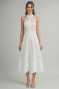 Vestido midi de encaje cuello alto blanco