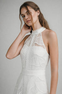 Vestido midi de encaje cuello alto blanco