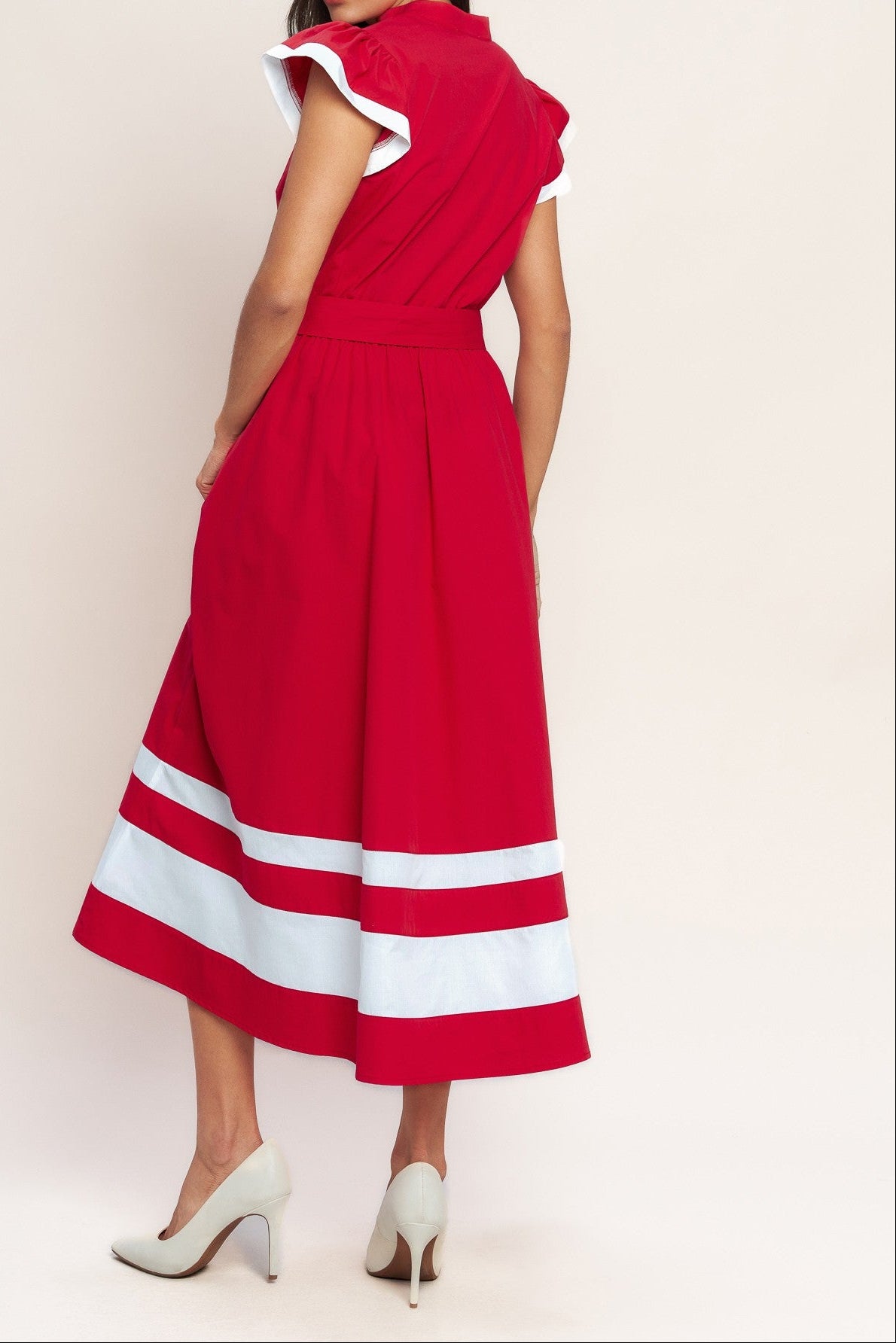 Vestido midi rojo con bloques de color 100% algodón