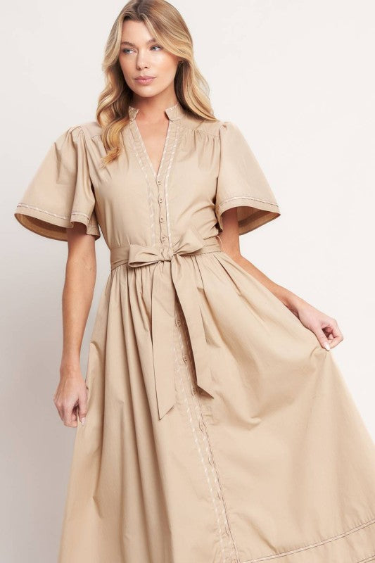 Vestido midi taupé de algodón con escote en V