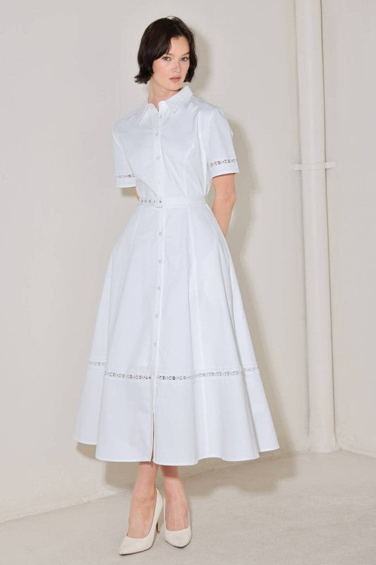 Vestido midi blanco con encaje y cinturón 100% algodón