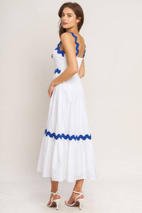 Vestido midi blanco algodón orilla azul 100% algodón