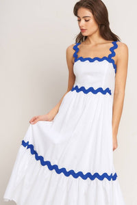 Vestido midi blanco algodón orilla azul 100% algodón