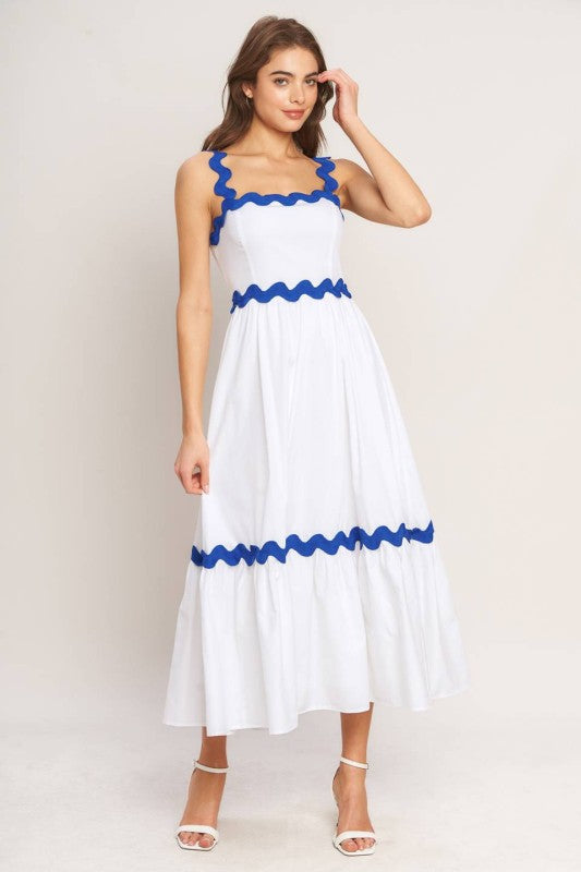 Vestido midi blanco algodón orilla azul 100% algodón