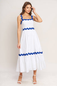Vestido midi blanco algodón orilla azul 100% algodón