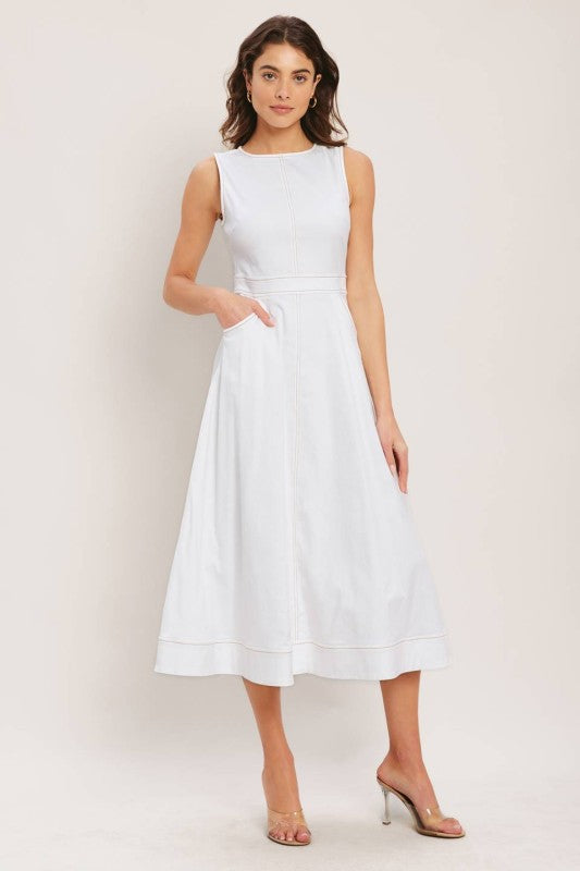 Vestido midi blanco con bolsa lateral