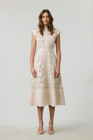 Vestido midi de encaje floral Taupé