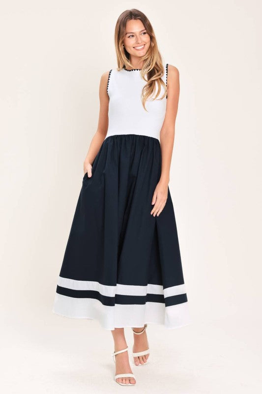 Vestido midi combinado blanco marino