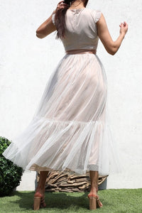 Vestido midi encaje blanco/nude