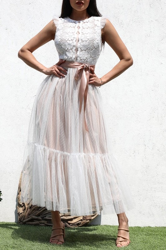 Vestido midi encaje blanco/nude