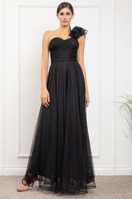 Vestido maxi un hombro ruffled Negro