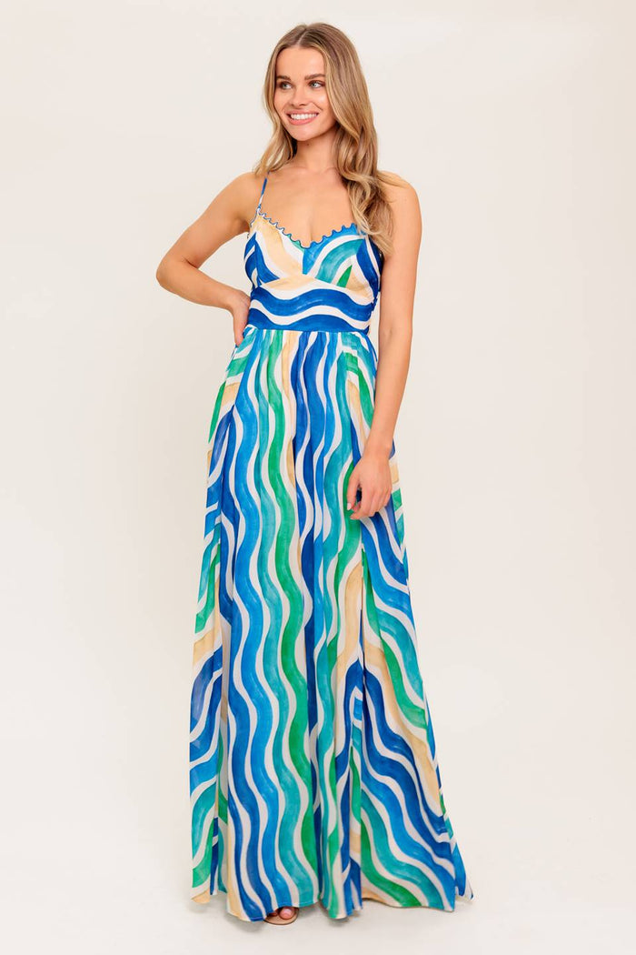 Vestido maxi estampado azul y verde
