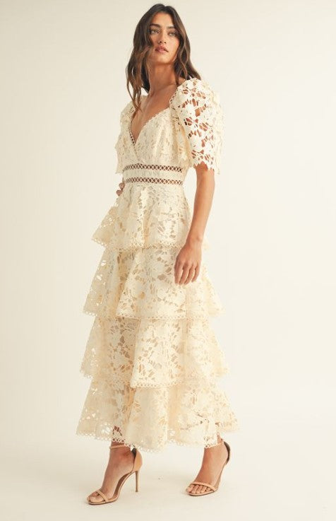 Vestido midi con olanes y manga corta Beige